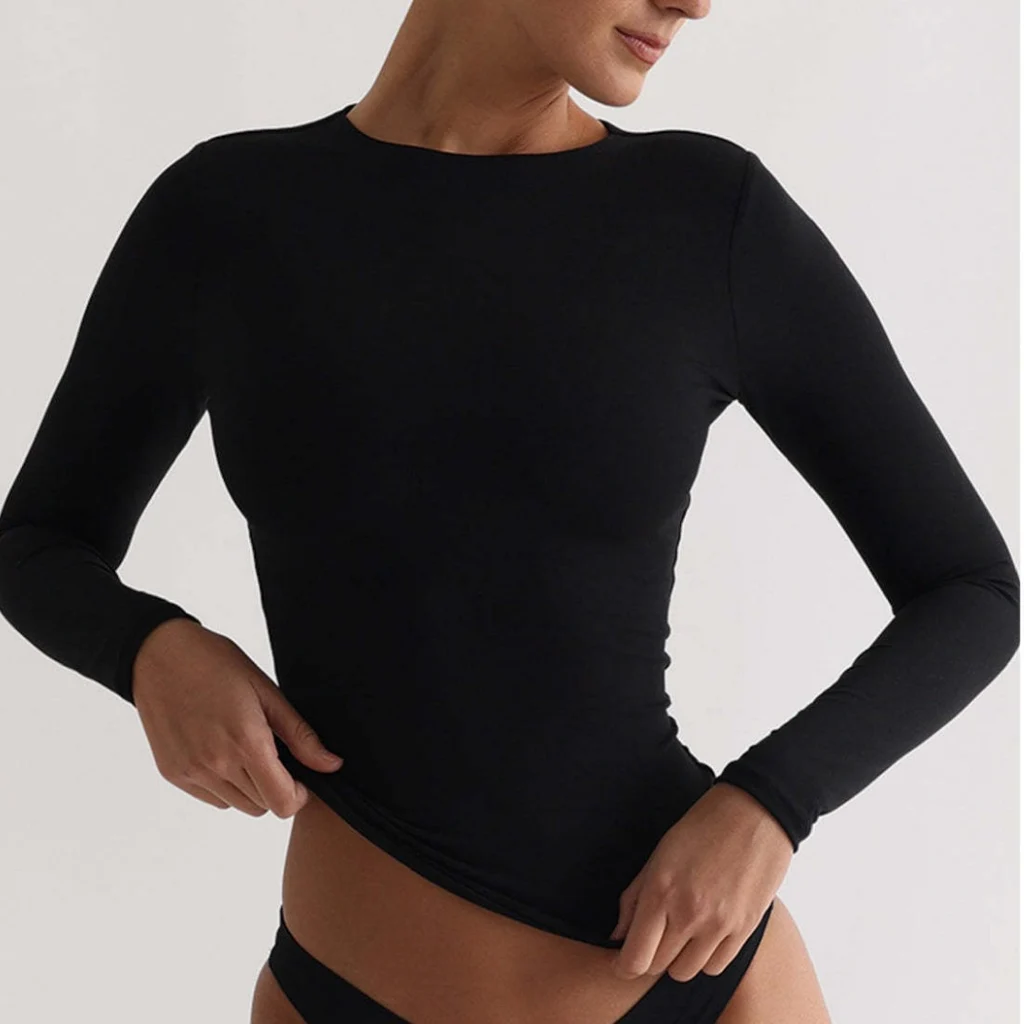 Women's Irregular Slim Fit Bottoming Top T-shirt - Black