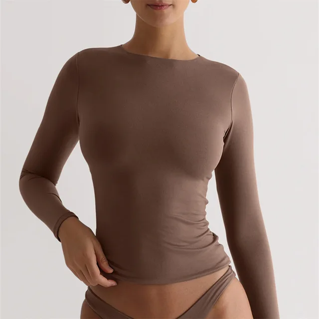 Women's Irregular Slim Fit Bottoming Top T shirt Brown - Shop at LoveMi