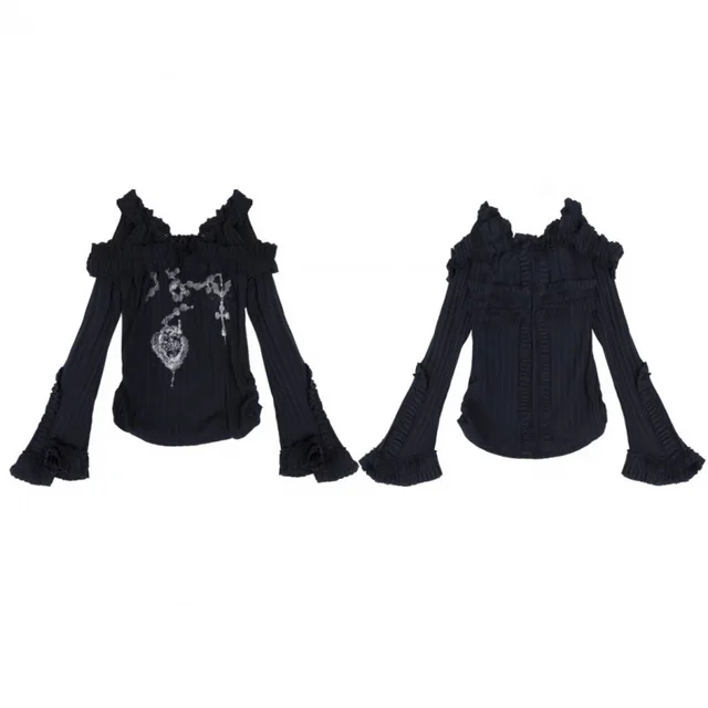Off shoulder Bell Sleeve Fungus Knitted Top Black - Shop at LoveMi