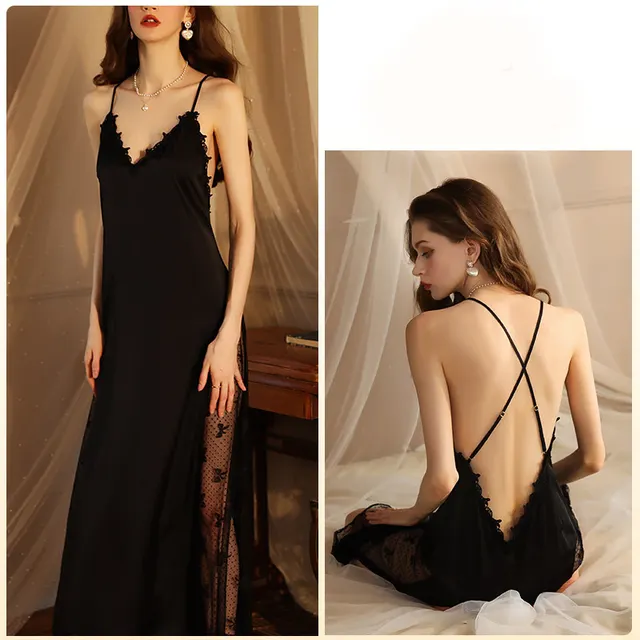 Sexy Satin Stitching Mesh Camisole Dress Two piece Pajamas 420 Black Slip Dress - Shop at LoveMi