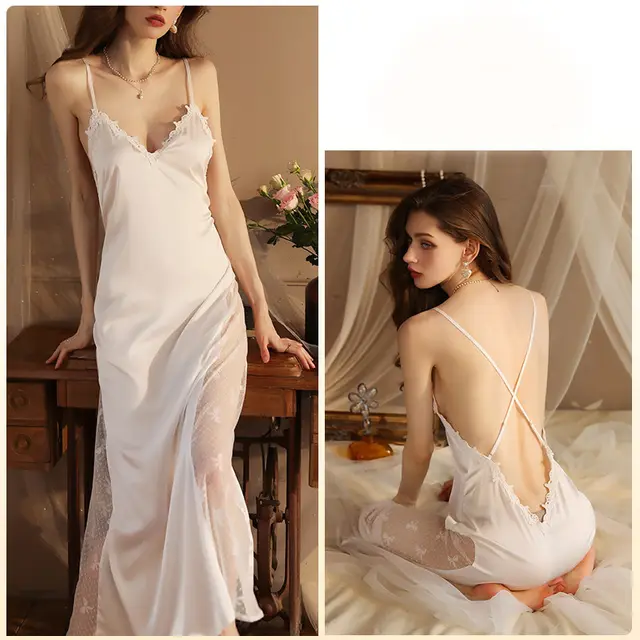 Sexy Satin Stitching Mesh Camisole Dress Two piece Pajamas 420 White Suspender Skirt - Shop at LoveMi