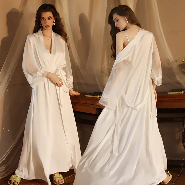 Sexy Satin Stitching Mesh Camisole Dress Two piece Pajamas 6076 White Outerwear Gown - Shop at LoveMi