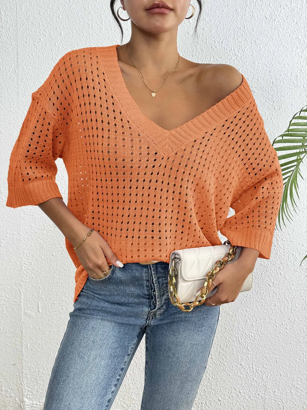 Top Women's Hollow Woven V-neck - Orange
