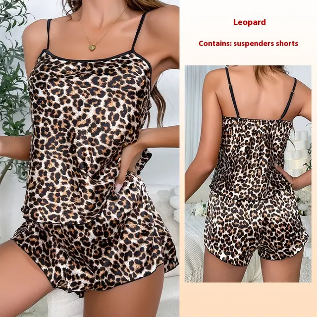 Satin Print Suspender Shorts Pajamas Suit 428 Leopard Print - Shop at LoveMi