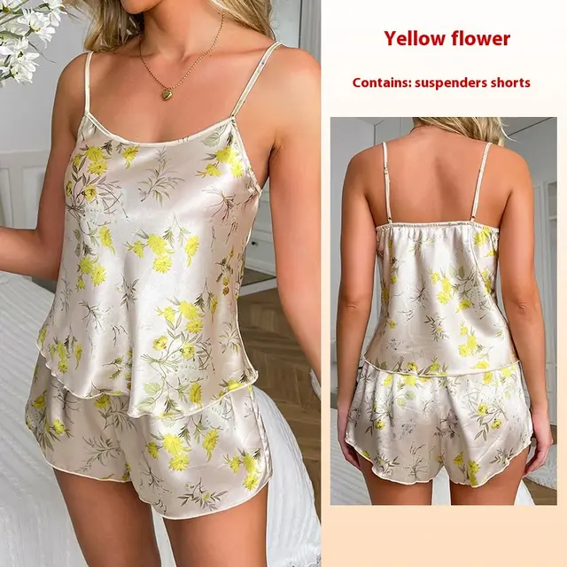 Satin Print Suspender Shorts Pajamas Suit 428 Yellow Flowers - Shop at LoveMi