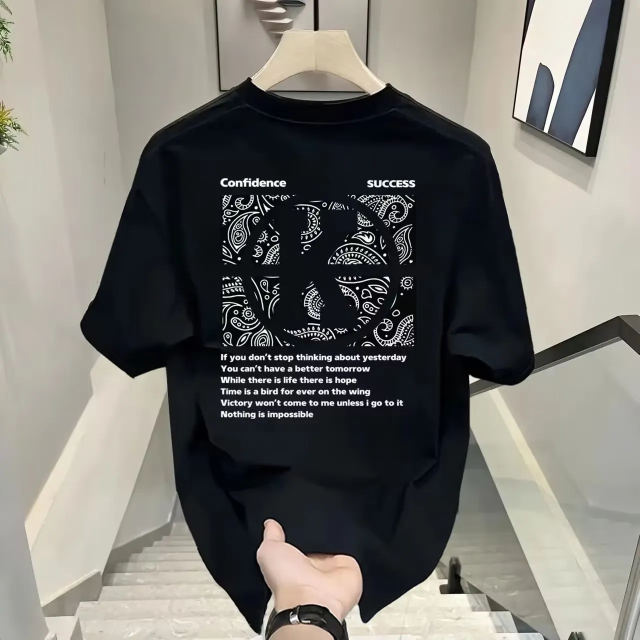 Fashion All-match Niche Summer Cotton Short Sleeve T-shirt High Street Loose - Black