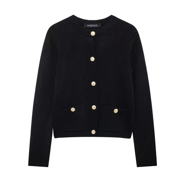 Gold Decorated Row Button Short Knitted Cardigan Jacket Black - Shop at LoveMi