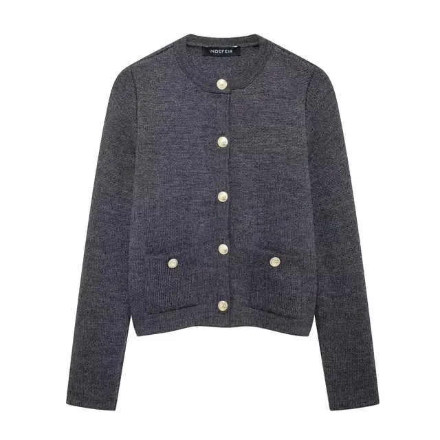 Gold Decorated Row Button Short Knitted Cardigan Jacket Gray - Shop at LoveMi