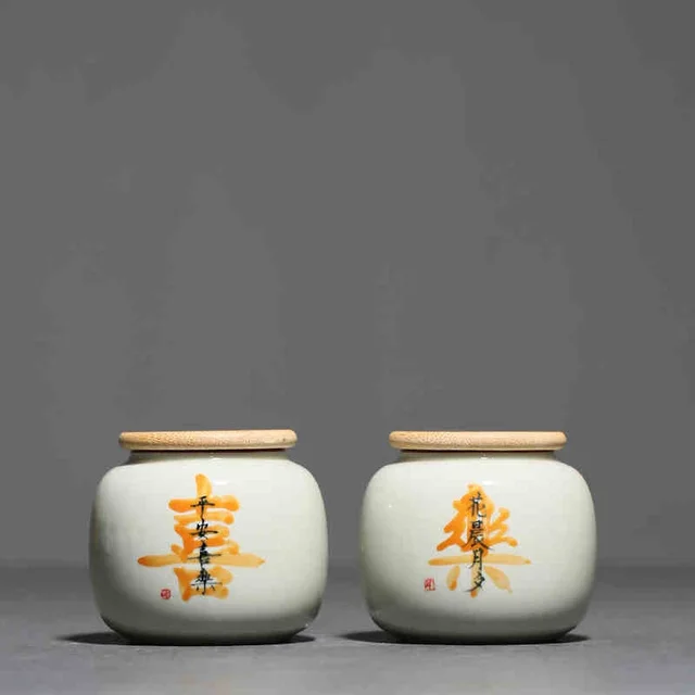 Bamboo Cover Sealed Tea Container Moisture proof Underglaze Porcelain Joy And Happiness - Shop at LoveMi
