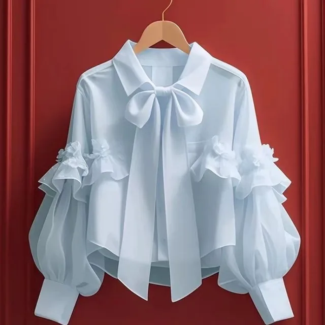 Women's Fashion Bowknot Long Sleeve Shirt Top Blue - Shop at LoveMi