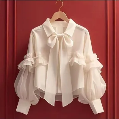 Women's Fashion Bowknot Long Sleeve Shirt Top White - Shop at LoveMi