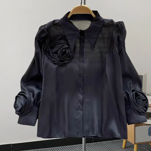 Lady's Flower Top Temperament Wild Shirt Black - Shop at LoveMi