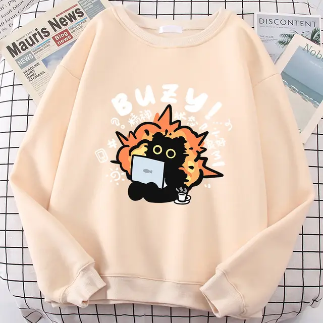 Stable State Cat Cute Print Cartoons Hoodie Beige - Shop at LoveMi