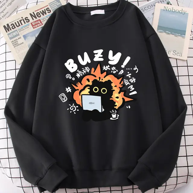 Stable State Cat Cute Print Cartoons Hoodie Black - Shop at LoveMi