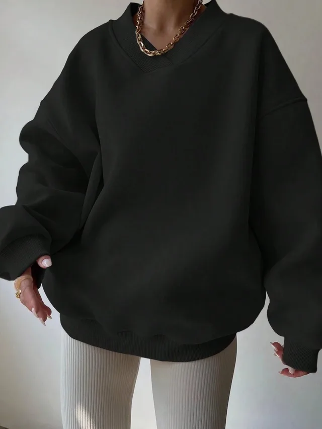 Women's Casual Solid Color Long Sleeve Crew Neck Sweater Black - Shop at LoveMi