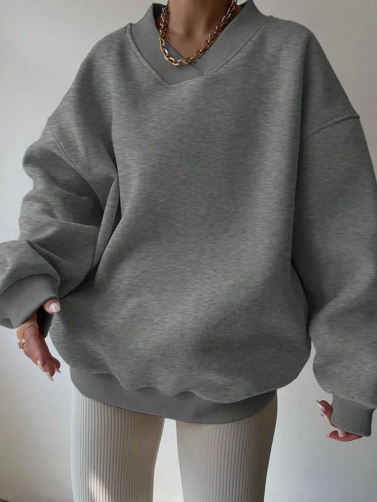 Women's Casual Solid Color Long Sleeve Crew Neck Sweater Gray - Shop at LoveMi
