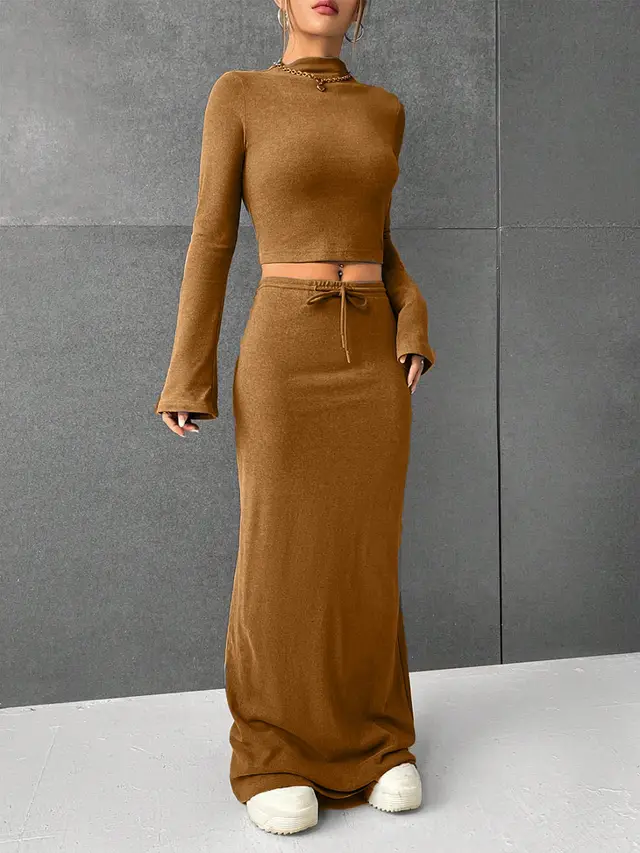 Loose Casual Solid Color Long Sleeve Dress Two piece Set Khaki - Shop at LoveMi