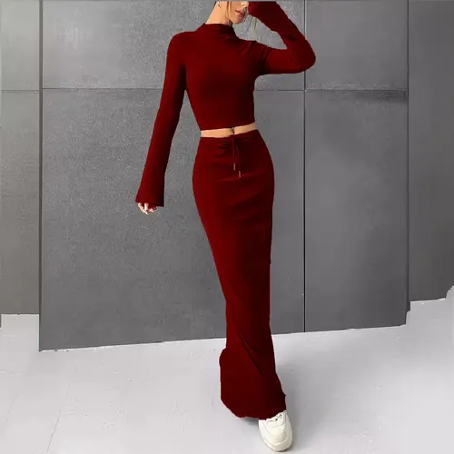 Loose Casual Solid Color Long Sleeve Dress Two piece Set Wine - Shop at LoveMi
