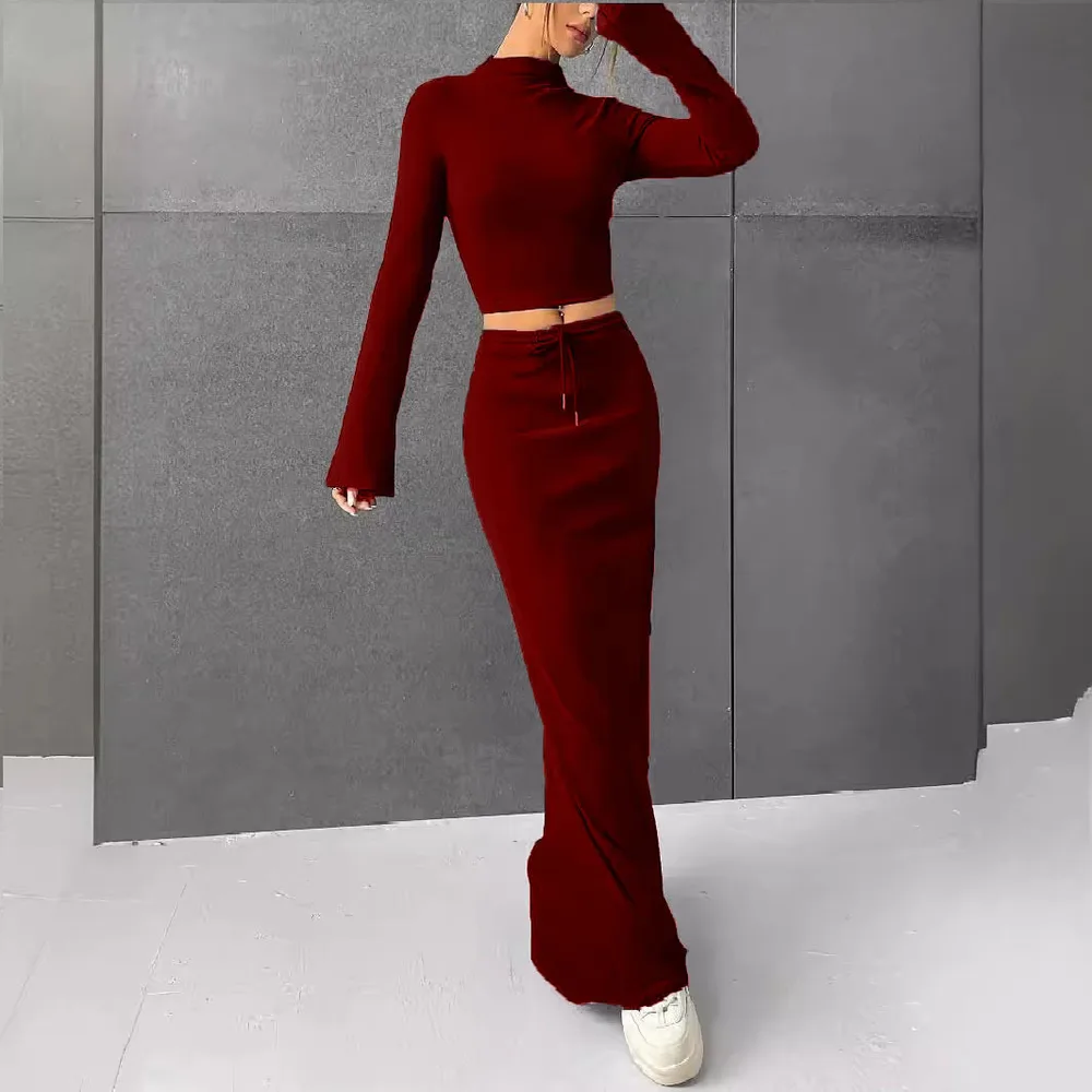 Loose Casual Solid Colour Long Sleeve Dress Two-piece Set - Wine - View 1