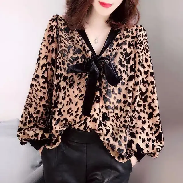 Loose Fashion Slimming Plus Size Chiffon Long Sleeve Shirt Leopard Print - Shop at LoveMi
