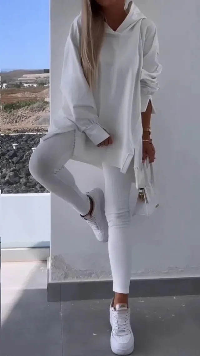 Women's Sports Casual Slit Hooded Sweatshirt Tights Two piece Set White - Shop at LoveMi