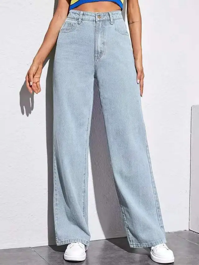 High Waist Wide Leg Jeans Slim Mop Straight Retro Hanging Light Blue Straight - Shop at LoveMi
