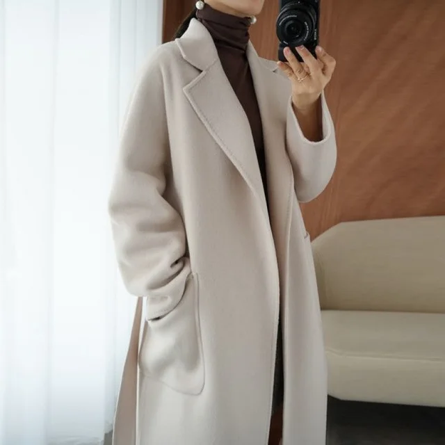 Hepburn Style Suit Collar Thickened Loose fitting Jacket Beige - Shop at LoveMi