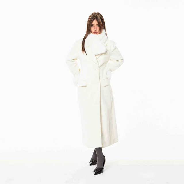 Waist tight Woolen Fur Collar Quilted Long Overcoat Outerwear White - Shop at LoveMi