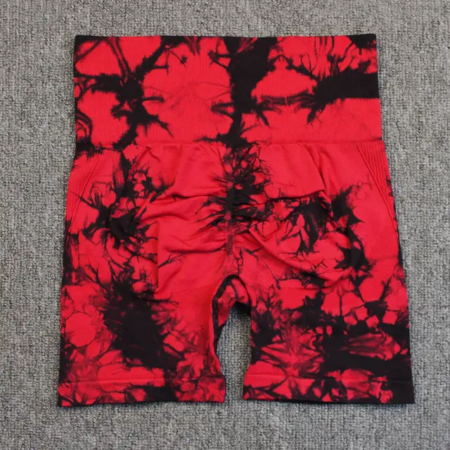 Seamless Tie dye Yoga High Waist Tight High Elastic Shorts Black And Bright Red - Shop at LoveMi