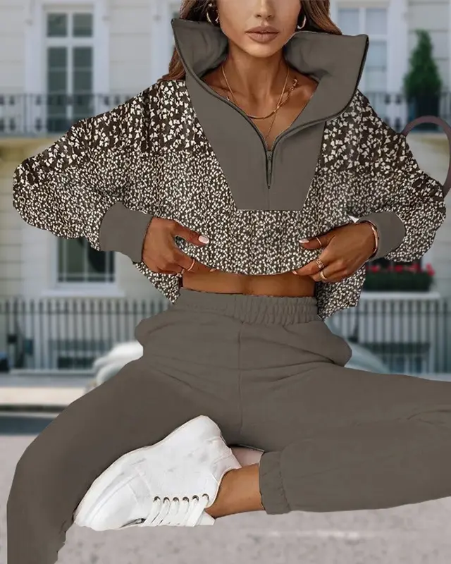 Zipper Small Polka Dot Stitching Suit Gray - Shop at LoveMi