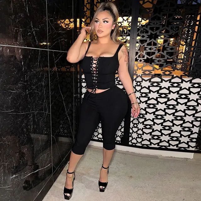 Lace up Vest Slim fit Solid Color Shorts Suit Black - Shop at LoveMi