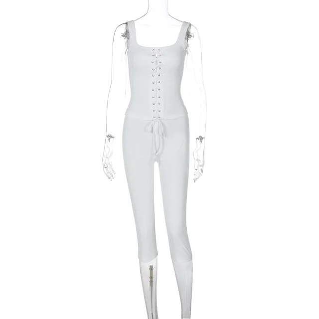 Lace up Vest Slim fit Solid Color Shorts Suit White - Shop at LoveMi