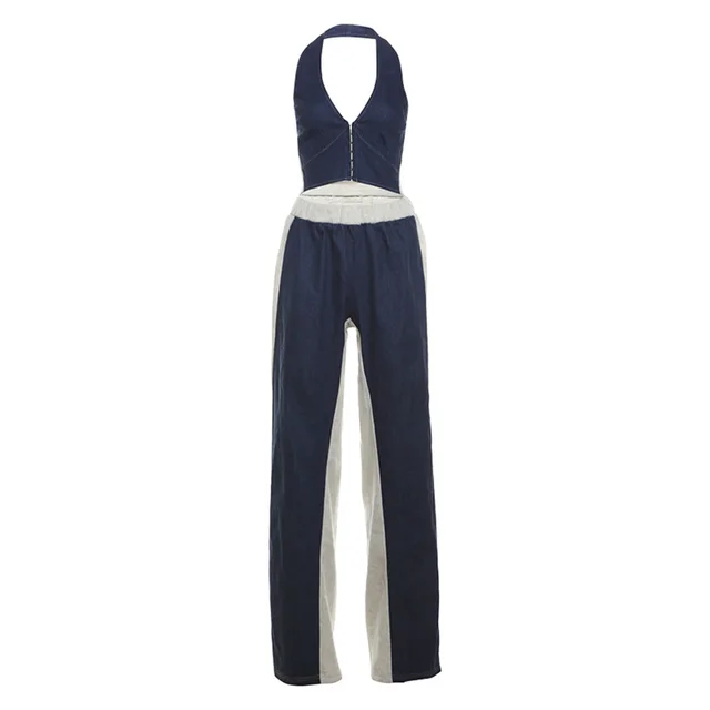Cropped Halterneck Vest Top Contrast Color High Waist Casual Trousers Suit Blue - Shop at LoveMi
