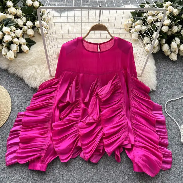 Irregular Ruffled Long sleeved Chiffon Shirt Rose Red - Shop at LoveMi