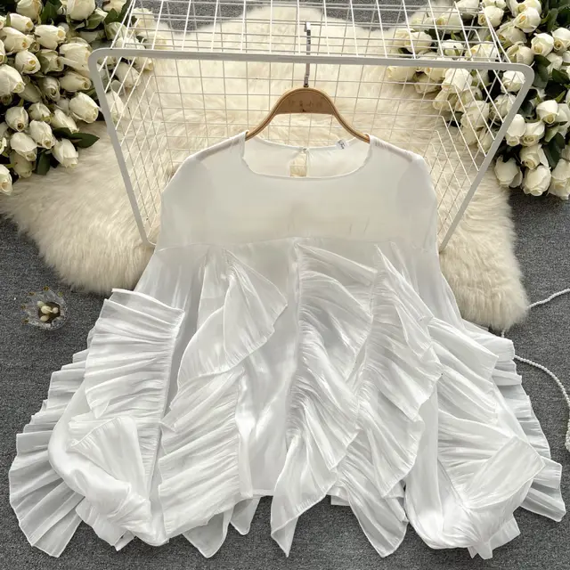 Irregular Ruffled Long sleeved Chiffon Shirt White - Shop at LoveMi