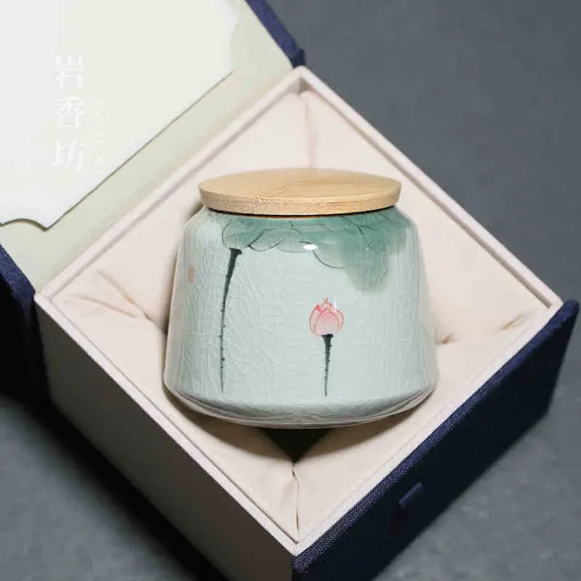 Ice Crack Hand Painted Lotus Underglaze Color Small Tea Leaf Jar Hand Painted Tea Can Gift Box - Shop at LoveMi
