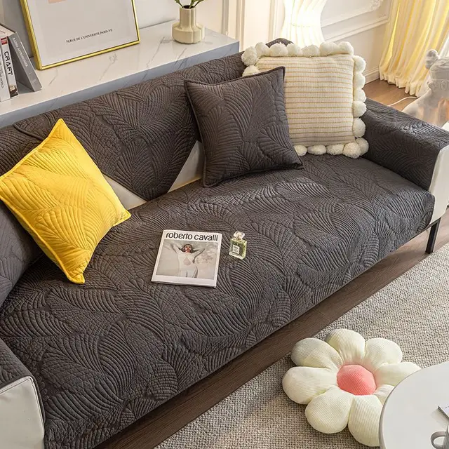 Nordic Simple Sofa Cushion Four Seasons Pure Cotton Fabric Non slip Japanese Banana Leaf Dark Gray - Shop at LoveMi