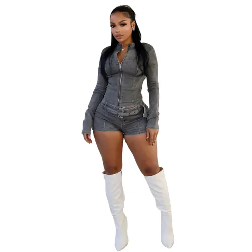 Denim Shorts Suit European And American Long Sleeve Stretch Shorts Suit Dark Gray - Shop at LoveMi
