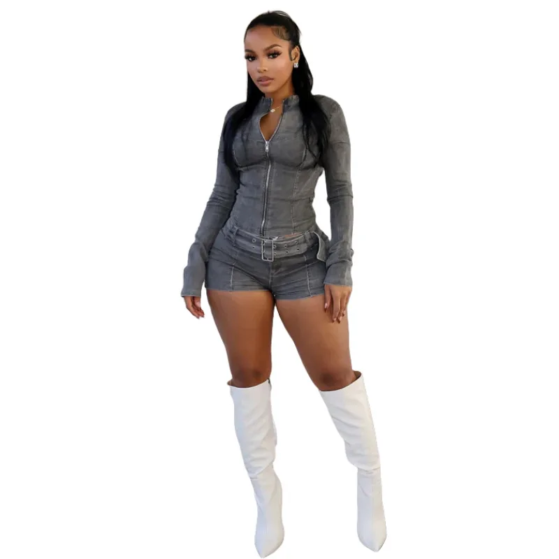 Denim Shorts Suit European And American Long Sleeve Stretch Shorts Suit - Dark Grey - View 1