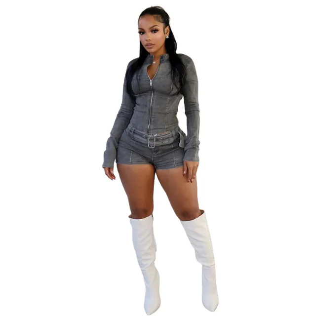 Denim Shorts Suit European And American Long Sleeve Stretch Shorts Suit Dark Gray - Shop at LoveMi