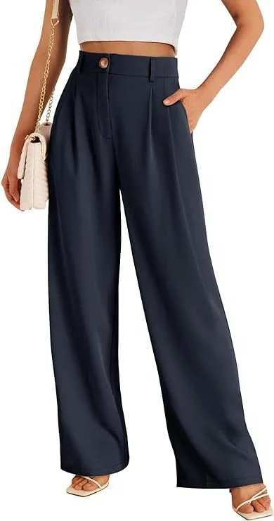 Casual Wide Leg Business Pants Women's High Waist Formal Trousers Navy - Shop at LoveMi