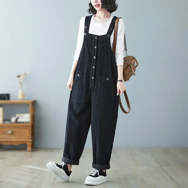 Retro Lazy Corduroy Overalls Black - Shop at LoveMi