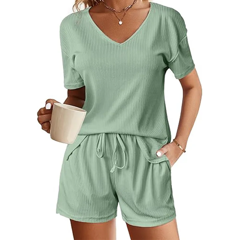 European And American Solid Color And V neck Short Sleeve Waist Drawstring Shorts Two piece Set Green - Shop at LoveMi