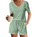 European And American Solid Colour And V-neck Short Sleeve Waist Drawstring Shorts Two-piece Set - Green