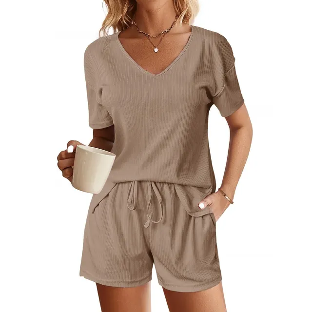 European And American Solid Color And V neck Short Sleeve Waist Drawstring Shorts Two piece Set Khaki - Shop at LoveMi