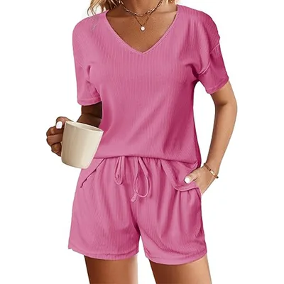 European And American Solid Color And V neck Short Sleeve Waist Drawstring Shorts Two piece Set Rose Pink - Shop at LoveMi