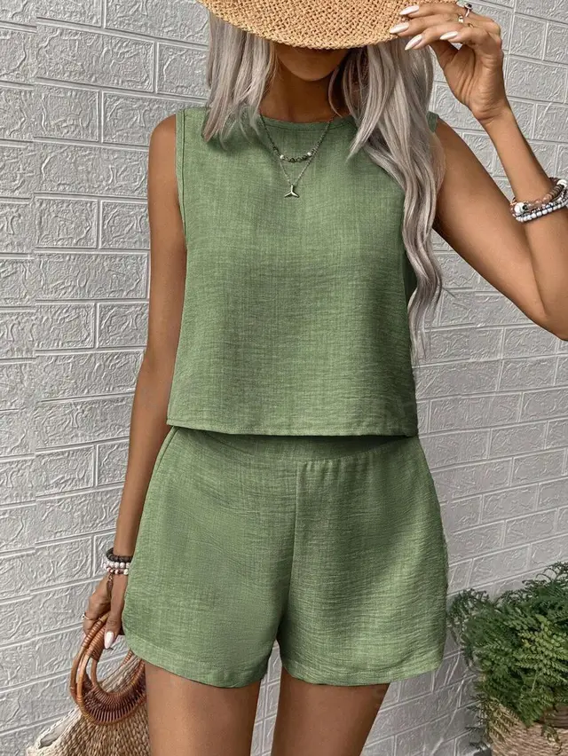 European And American Solid Color Women Sleeveless Vest Shorts Casual Fashion Two piece Set Army Green Suit - Shop at LoveMi