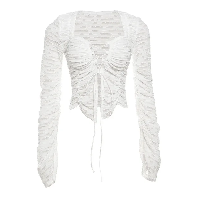 European And American Fashion Sexy Cutout Strap Solid Color Long Sleeve Cardigan Jacket Women White - Shop at LoveMi