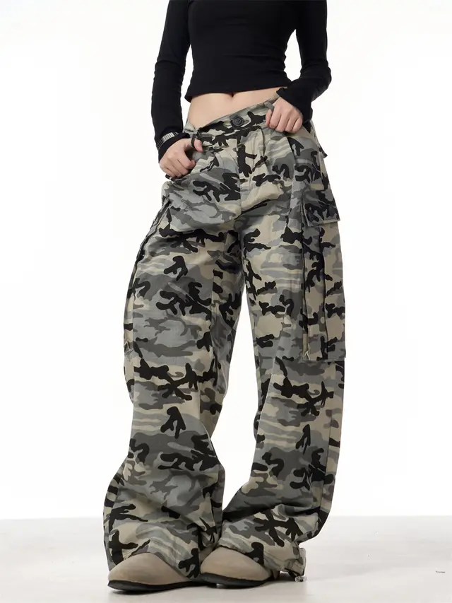 Camouflage Big Pocket Casual Pants Women Loose Wide leg Overalls Camouflage - Shop at LoveMi