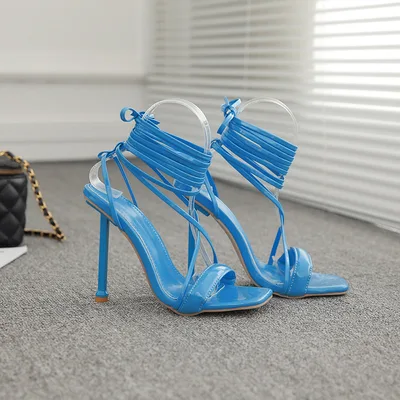 Fashion Tie Catwalk Metal Stiletto Sandals Blue - Shop at LoveMi